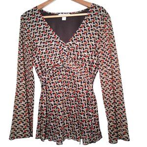 Dressbarn Blouse Large Brown Tan Rust Gold Metallic Sheer Long Slv Y2K 2000s